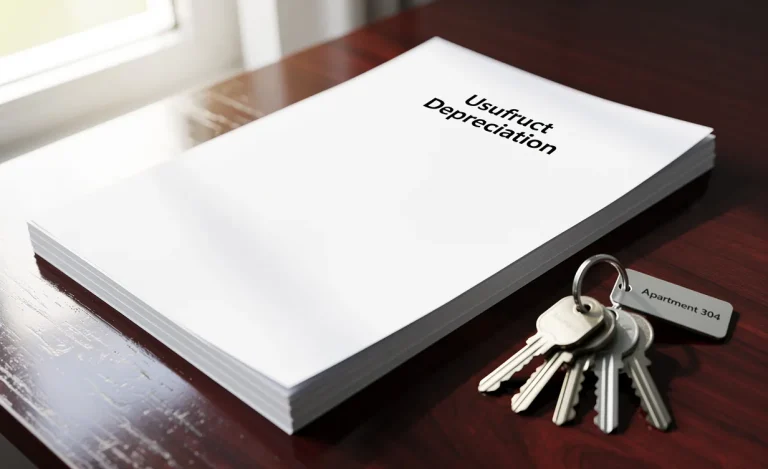 Une liasse de documents intitulés "Usufruct Depreciation" repose à côté de clés d’appartement sur un bureau en bois sous une lumière douce.