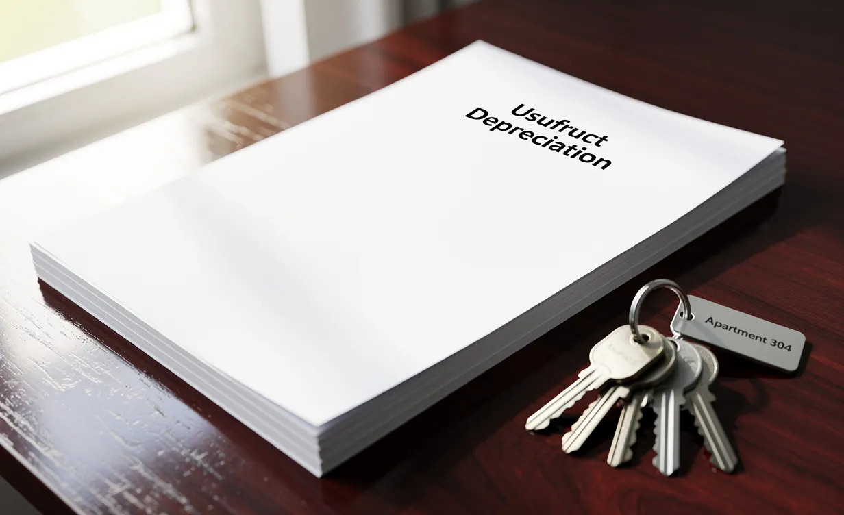 Une liasse de documents intitulés "Usufruct Depreciation" repose à côté de clés d’appartement sur un bureau en bois sous une lumière douce.