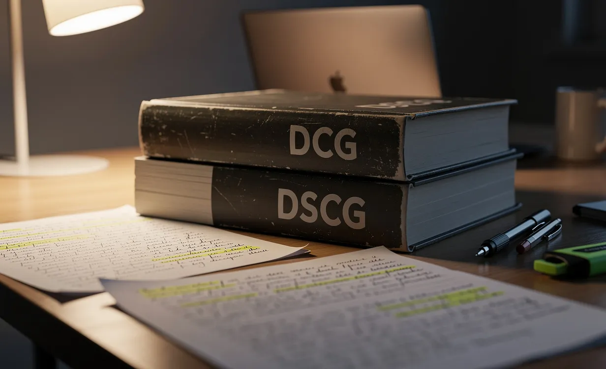 Deux manuels intitulés DCG et DSCG sont empilés sur un bureau moderne, entourés de notes manuscrites sous la lumière chaude d’une lampe de bureau.