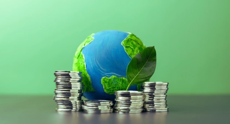 Globe terrestre vegetalise entoure de piles de pieces, symbole d'investissement durable et responsable