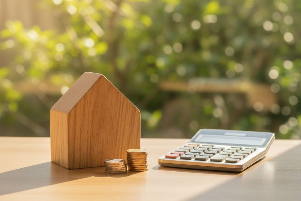 Maison en bois miniature, calculatrice et pièces de monnaie symbolisant l'investissement immobilier