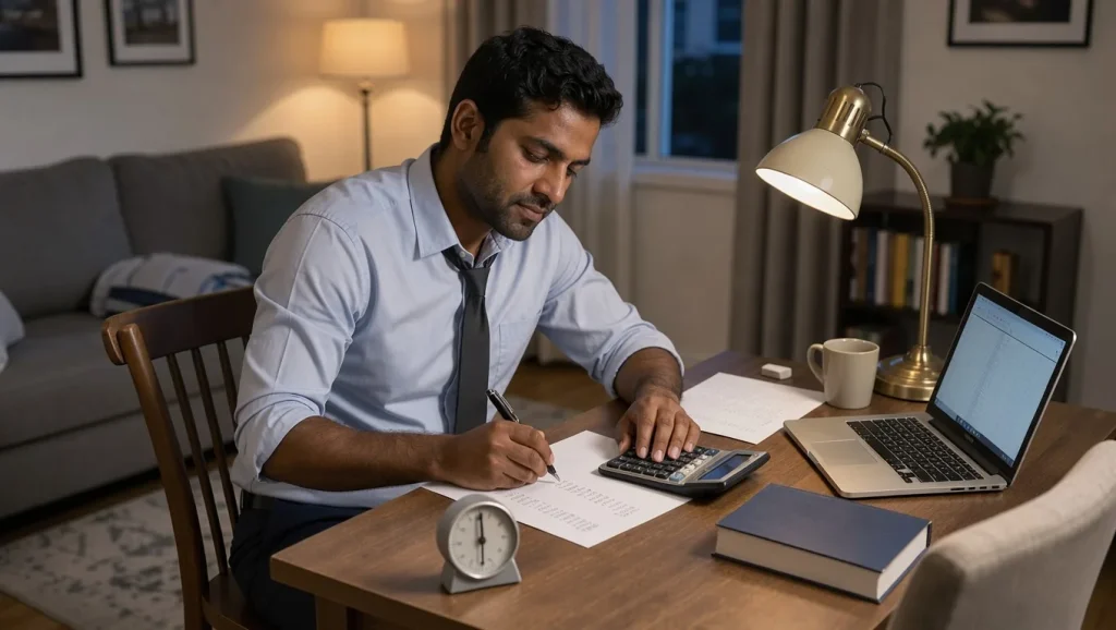 Homme en chemise révisant le soir à son bureau avec calculatrice, minuteur, manuel et ordinateur portable